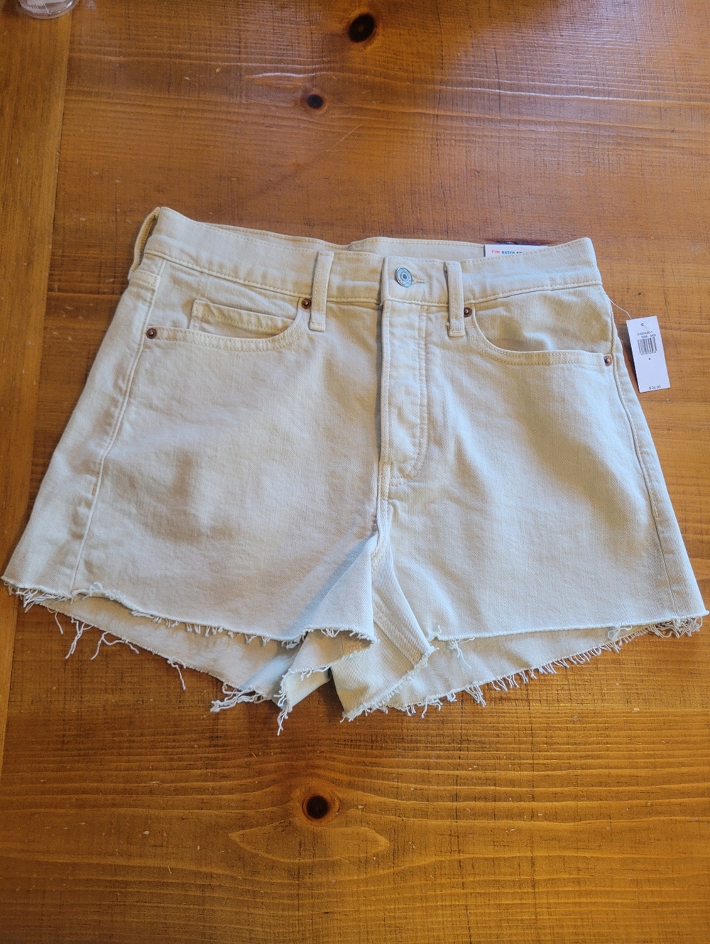 NEW Old Navy Sky-Hi A Line Khaki Denim Shorts High Rise Button Up Size 8 Raw Hem